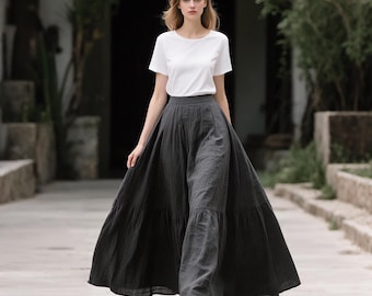 Swing Long Linen Maxi skirt for women A-line Skirt with Pockets Elastic Waist Tiered Skirt Custom Skirt Summer Fall Skirt Linen Clothing