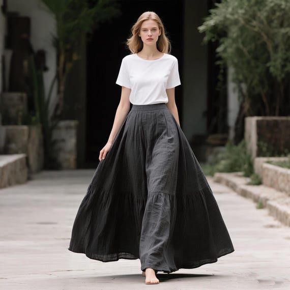 Swing Long Linen Maxi skirt for women A-line Skirt with Pockets Elastic Waist Tiered Skirt Custom Skirt Summer Fall Skirt Linen Clothing