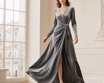LJYYR Abito In Velluto Taglie Forti Da Donna - Elegante Vestito Aderente Tinta Unita Con Scollo A V A Maniche Lunghe Con Paillettes Abito Ruched Per Matrimonio Cocktail Festa In Club (XL,Blu