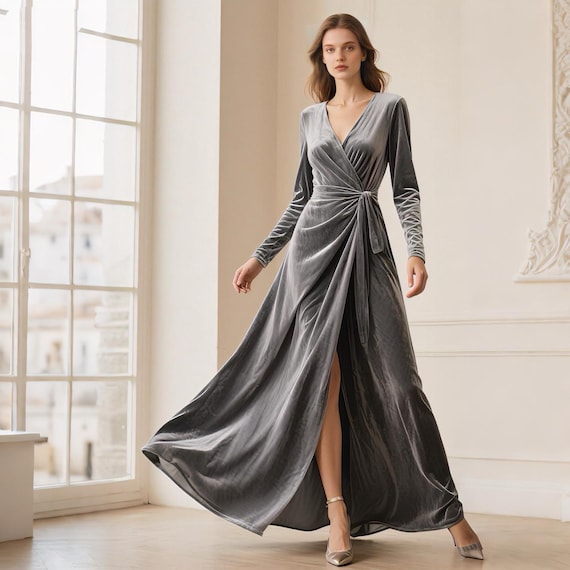 grey velvet wrap dress Velvet Wrap Front Dress