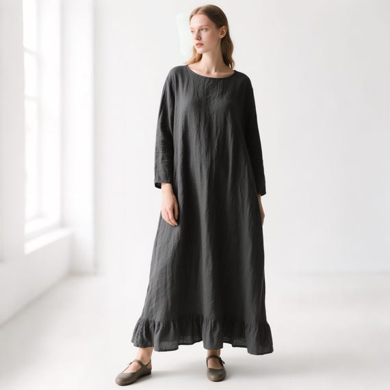 oversized flowy dress Linen Maxi With Ruffle Hem Scoop Neck Long Sleeve Linen Dress for Women Boho Plus Size Dress Casual Everyday Sundress searchable:Mini Dresses