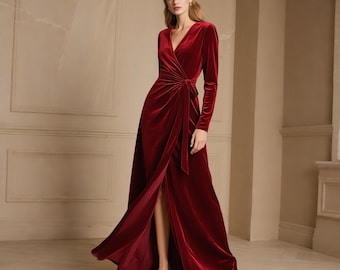 Velvet Wrap Maxi Dress Floor Length Long Sleeve Evening Gown Elegant Deep V Formal Dress Holiday Party Dress Custom Dress Fall Winter Dress