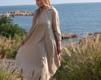 Linen Circle Dress with Pockets Hooded Dress Long Sleeves A-line Dress Casual Comfort Dress Customize Women Dress Boho Dress Plus Size Dress