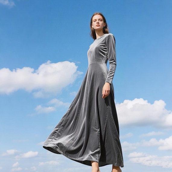blue grey velvet dress Petite Carolina Long Velvet V-Neck Sequin Sleeve Dress