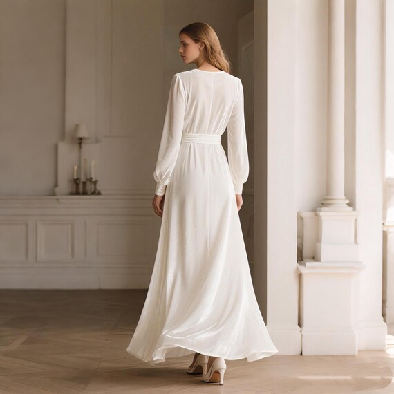 White Velvet Wrap Maxi Dress Fall Winter Dress Floor Length Long Sleeve Velvet Gown Elegant Bridal Evening Dress Custom Formal Party Dress
