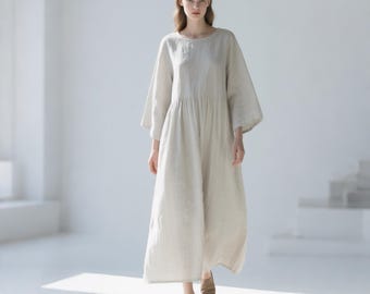 Custom Linen Maxi Dress Long Sleeves Loose Fit Linen Dress Casual Linen Dress Minimalist Summer Dress for Women Wedding Dress