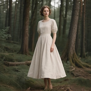 LINEN DRESS Short Sleeves Cottagecore Linen Dress Custom Puff Sleeve Midi Dress Romantic Handmade Summer Dress Soft Linen Clothing for Women