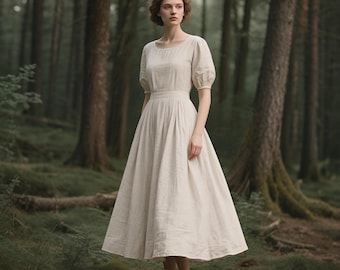 LINEN DRESS Short Sleeves Cottagecore Linen Dress Custom Puff Sleeve Midi Dress Romantic Handmade Summer Dress Soft Linen Clothing for Women