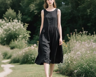 Abito senza maniche in lino da donna, abito estivo midi con tasche, gonna fluida arricciata, prendisole minimalista in lino, abito personalizzato, abito casual