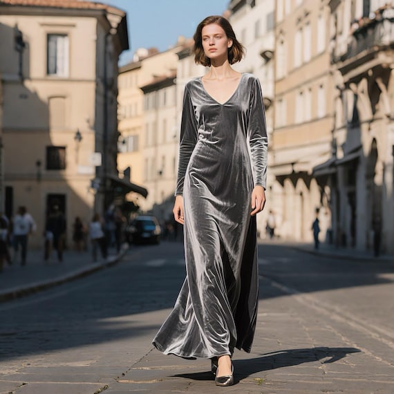 Gray Velvet Dress for Women, V Neck Long Sleeve Velvet Maxi Dress, Elegant Handmade Winter Dress, Soft Formal Evening Gown Custom Dress