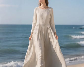 Women Linen Maxi Dress Long Linen Dress Women Long Sleeves Flowy Dress Linen Kaftan Soft Beach Boho Dress Summer Fall Dress Custom Dress
