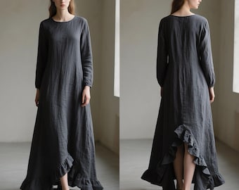 Linen Maxi Dress for Women, Long Sleeve Linen Dress, Ruffle Hem Linen Clothing, Cottagecore Flowy Dress, Handmade Custom Spring Fall Dress