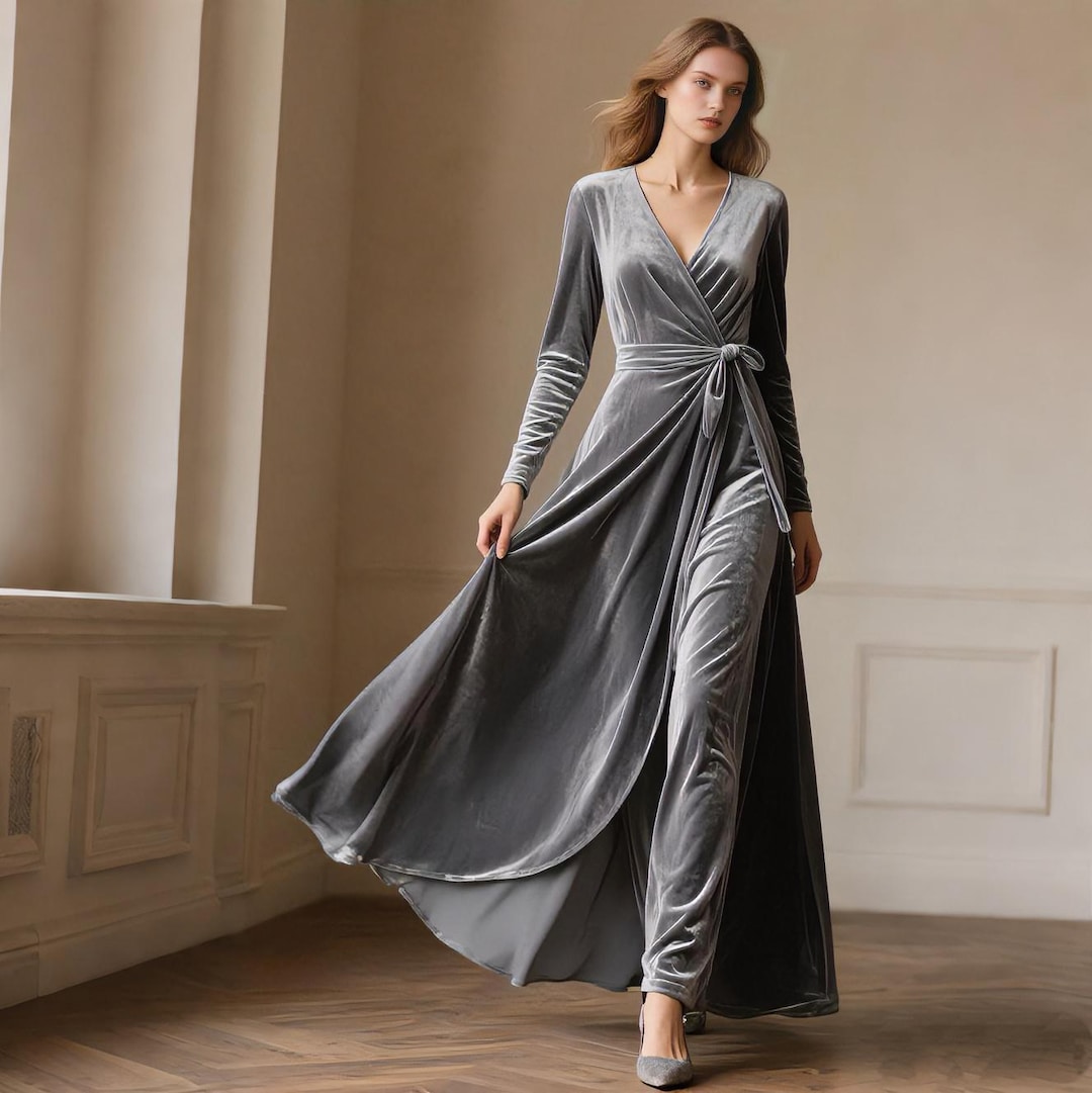 Tight Gray Velvet Gown Women Velvet Wrap Dress Fall Winter Maxi Dress V Neck Long Sleeves Tight Gray Velvet Gown Women Velvet Wrap Dress Fall Winter Maxi Dress V Neck Long Sleeves