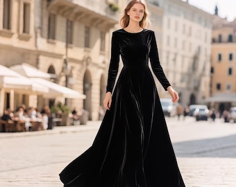 Black Velvet Maxi Dress Women, Long Sleeve Floor Length Gown, Elegant Velvet Evening Dress, Fall Winter Formal Dress Holiday Party Outfit