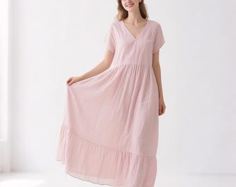 Women Linen Maxi Dress with Ruffle Hem V-Neck  Short Sleeve Flowy Summer Dress Custom Soft Linen Dress with Side Pockets Casual Loose Dress
