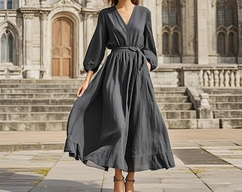 Elegant Linen Maxi Dress 3/4 Sleeve Maxi Dress Vintage Boho V-Neck Dress Romantic Flowy Dress Evening Dress Spring Summer Dress Custom Dress