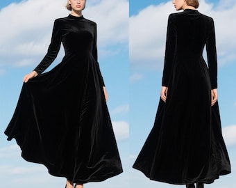 Black Velvet Maxi Dress for Women High Neck Long Sleeve Dress Elegant Flowy Floor Length Gown Custom Fall Winter Formal Evening Party Dress