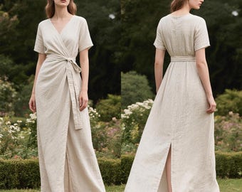 Elegant Linen Wrap Maxi Dress Women V Neck Short Sleeve Tie Waist Back Slit Summer Fall Dress Minimalist Custom Linen Clothing With Pockets