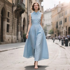 Linen Shirt Collar Dress Sleeveless Shirt Dress with Belt Maxi Length Shirt Dress Linen Clothing for Women Custom Dress Summer Fall Dress