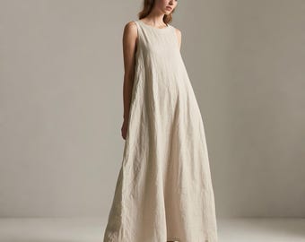 Linen Sleeveless Maxi Dress with Pockets Round Neck Linen Dress Boho Chic Summer Dress Breathable Loose Fit Dress Custom Dress Women