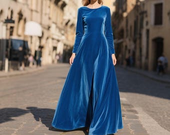 Blue Velvet Dress Women, Long Sleeve Velvet Floor Length Gown, Elegant Handmade Velvet Maxi Dress, Winter Formal Evening Dress Custom Dress