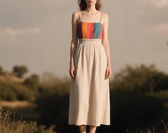 Linen Maxi Skirt with Pockets Ruffled Waist A-Line Flowy Skirt with Elastic Waistband High Waist Cottagecore Linen Skirt Custom Boho Skirt