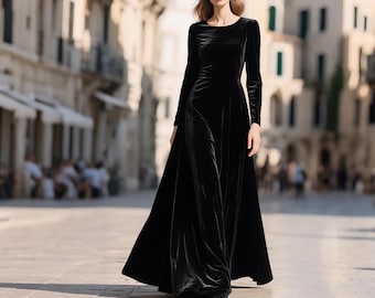 Black Velvet Maxi Dress for Women Long Sleeve Floor Length Gown Elegant Velvet Evening Dress Formal Fall Winter Dress Wedding Guest Outfit