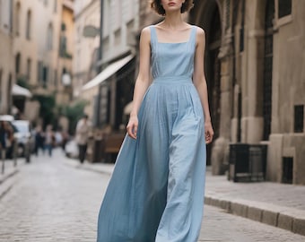 Vestido longo de linho com bolsos, decote quadrado personalizado, corte em A, modelo avental, vestido de linho fluido sem mangas para o verão.