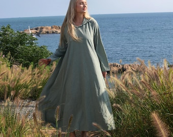 Linen Dress with Pockets Linen Loose Fit Dress  Linen Maxi Dress Hooded Dress Long Sleeves Dress Summer Fall Dress Custom Plus Size Dress