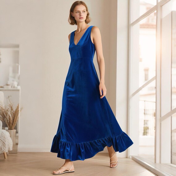 Royal Blue Velvet Maxi Dress for Women Sleeveless V Neck Deep V Back Dress With Ruffle Hem Evening Gown Wedding Guest Dress Custom Dress