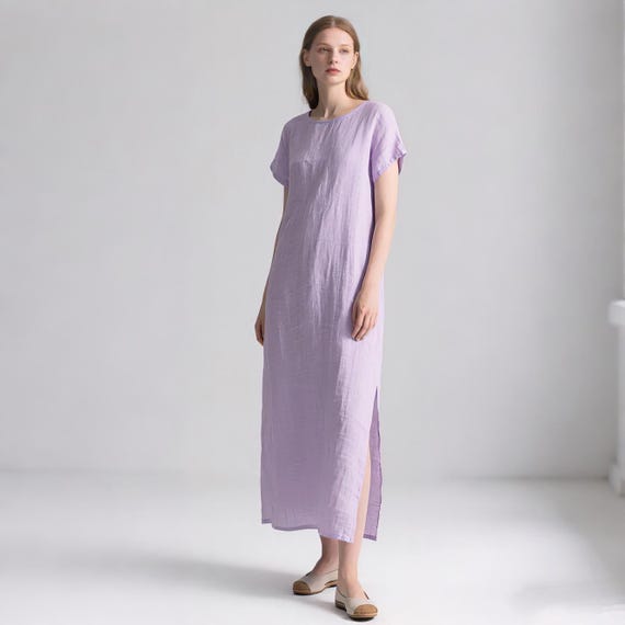 Purple Linen Maxi Dress with Pockets Minimalist Loose Summer Linen Clothing Short Sleeve Round Neck Casual Vacation Dress Women Custom Dress