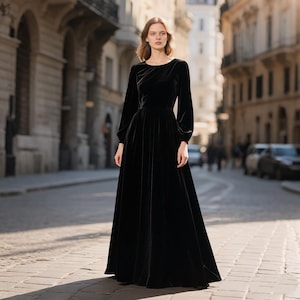 Black Velvet Maxi Dress Fall Winter Dress for Women Long Sleeve Elegant Evening Gown Floor Length Formal Dress Party Dress Custom Dress