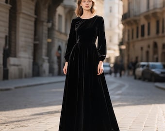 Zwart fluwelen maxi-jurk herfst/winterjurk voor dames lange mouw elegante avondjurk tot de vloer formele jurk feestjurk op maat gemaakte jurk