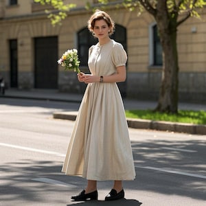 Vintage Short Puff Sleeve Linen Maxi Dress Elegant Maxi Dress Romantic Cottagecore Dress Women Summer Dress Bridesmaid Dress Custom Dress