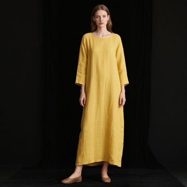 Linen Maxi Dress with Long Sleeves Linen Summer Dress Linen Kaftan Dress Linen Dresses for Women Linen Boho Dress Plus Size Dress