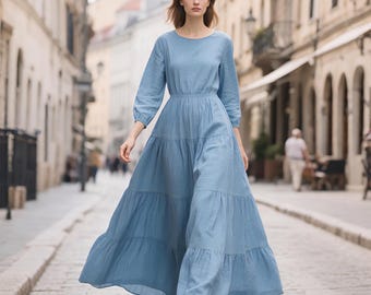 Women Linen Maxi Dress with Pockets Tiered 3/4 Sleeve Dress with Elastic Waist Flowy Gown Boho Cottagecore Dress Summer Dress Custom Dress