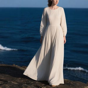 Romantic Linen Maxi Dress With Pockets Long Sleeve Floor-Length Dress Elastic Waist Flowy Handmade Boho Gown Custom Women’s Coastal Dress