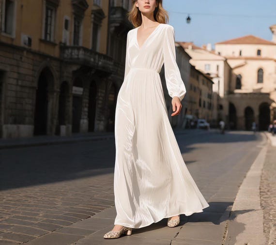 white velvet long sleeve dress Off White Velvet Mermaid Dress With Dotted Tulle Sleeves
