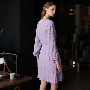 Linen Mini Dress Elastic Waist Long Sleeve Fitted Linen Dress Cottagecore Summer Fall Casual Dress For Women Custom Dress
