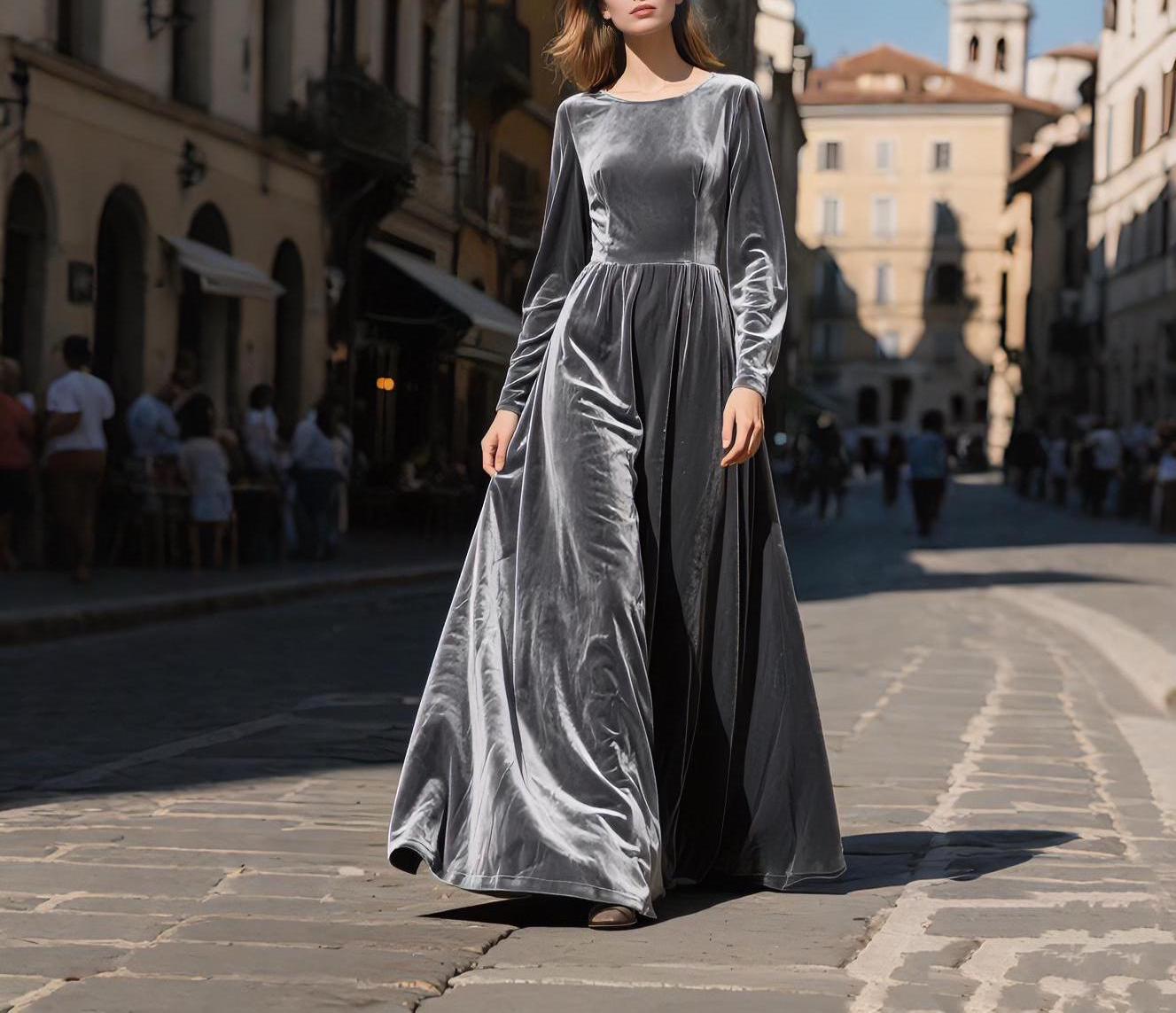 Gray Velvet Maxi Dress Women, Long Sleeve Floor Length Gown, Elegant Silver Velvet Evening Dress, Winter Formal or Holiday Party Outfit