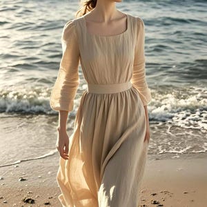 Romantic Linen Maxi Dress 3/4 Sleeve Square Neck Summer Dress Cottagecore Flowy Beach Dress Vintage Bohemian Dress Handmade Custom Dress
