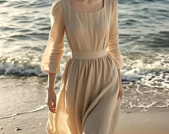 Romantic Linen Maxi Dress 3/4 Sleeve Square Neck Summer Dress Cottagecore Flowy Beach Dress Vintage Bohemian Dress Handmade Custom Dress
