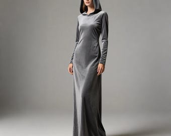 Gray Velvet Hooded Maxi Dress Women Gothic Witch Dress Long Sleeve Slim Fit Medieval Fantasy Floor Length Gown Custom Gown Autumn Dress