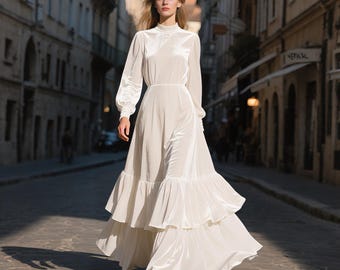Velvet Maxi Dress Women High Neck Long Sleeve Floor Length Dress Tiered Ruffle Hem Elegant Evening Gown Fall Winter Wedding Guest Outfit