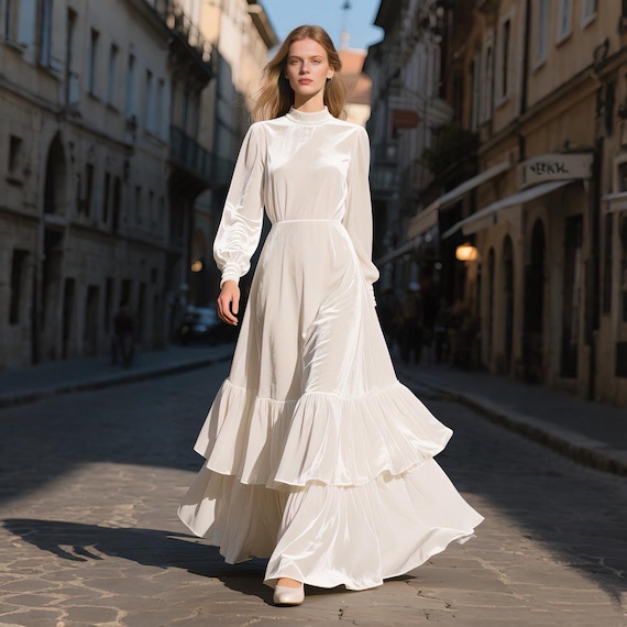 white velvet formal dress Maxi Women High Neck Long Sleeve Floor Length Dress Tiered Ruffle Hem Elegant Evening Gown Fall Winter Wedding Guest Outfit 2.1新品