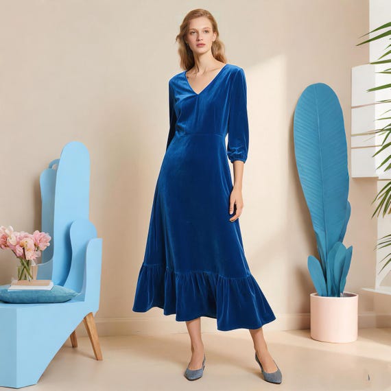 Stretch Velvet Midi Dress Women V Neck 3/4 Sleeve Ruffle Hem Royal Blue Holiday Party Dress Back Zipper Custom Size