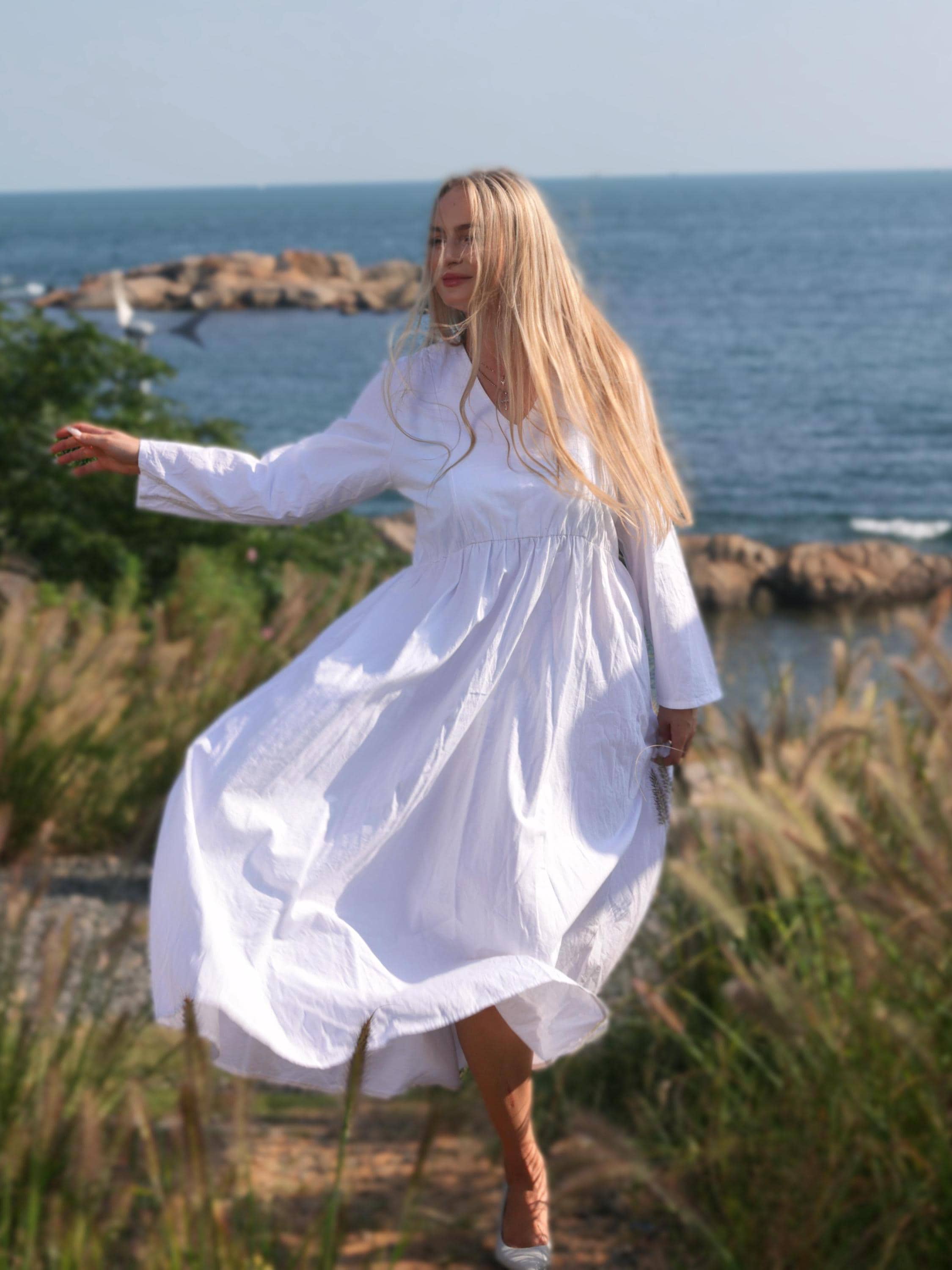 white summer long sleeve dresses Fairy Dress, A-line Sleeves Prom Dress,Summer Party Dress Y  Simplepromdress loose skater silhouette Summer Dresses Shirtwaist Dresses With