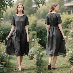 Linen Midi Dress with Short Sleeves Flowy Linen Dress with Elastic Back Waist Soft Linen Clothing Summer Casual Dress Handmade Custom Dress