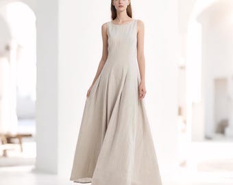 Sleeveless Linen Maxi Dress with V-Back A-Line Summer Dress Minimalist Boho Bridal Gown Floor Length Formal Linen Dress Custom Kaftan Dress