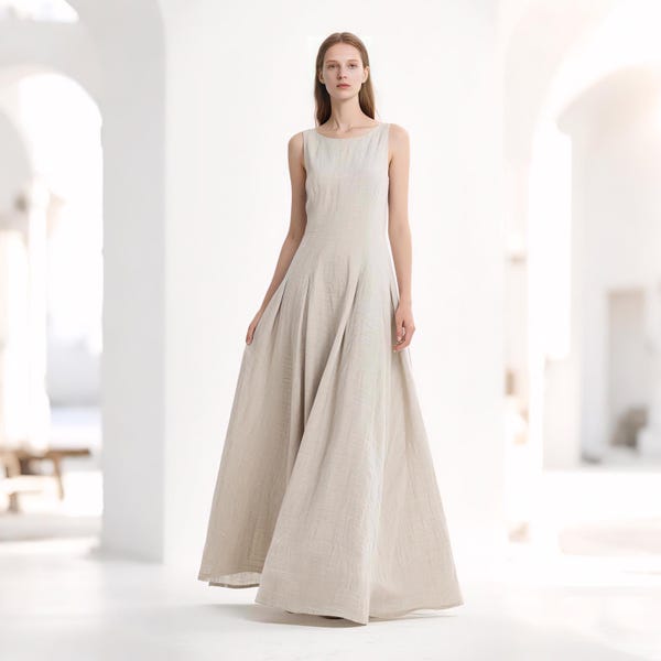 Ärmelloses Maxi-Kleid mit V-Rücken, A-Linie, Sommerkleid, minimalistisches Boho-Brautkleid, bodenlanges, formelles Leinenkleid, benutzerdefinierte Kaftankleid